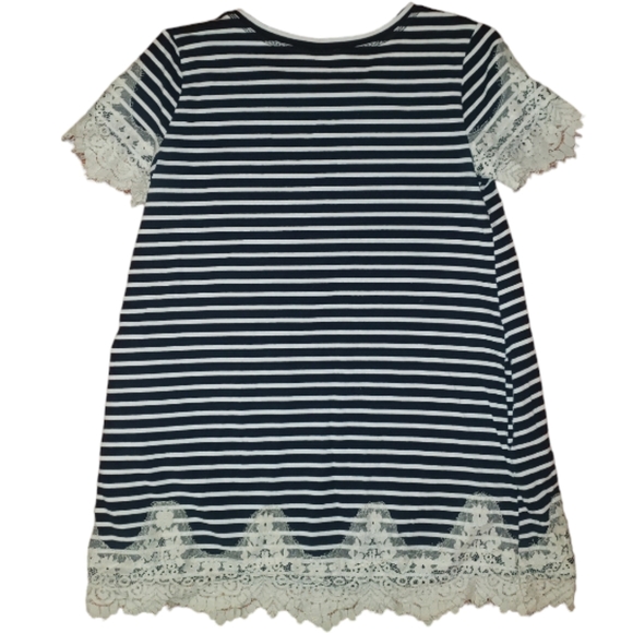 Umgee Black White Stripes Floral Lace Trim Scoopneck Pockets Mini Shift Dress M - Picture 12 of 16